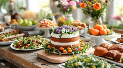 Fototapeta premium Eco-friendly Easter with a focus on health and wellness, featuring a table set with gluten-free Easter cakes, vegan treats, and a variety of fresh green salads, minimalist decor