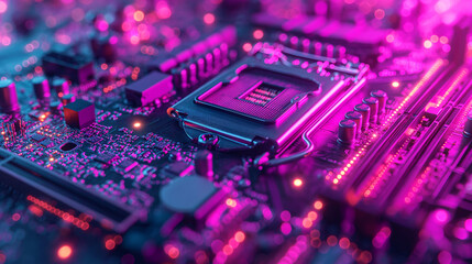 Fototapeta na wymiar High-resolution, macro shot of a computer chip with intricate circuit details, illuminated in dark purple and yellow lighting
