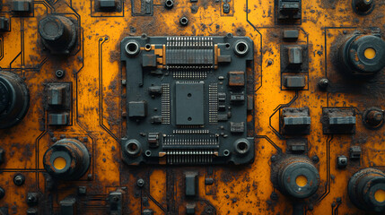 Fototapeta premium Close-up view of an old electrical panel, highlighting its aged surface, rusty switches, faded labels, set against a dimly lit background, evoking a sense of vintage technology