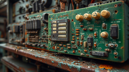 Close-up view of an old electrical panel, highlighting its aged surface, rusty switches, faded labels, set against a dimly lit background, evoking a sense of vintage technology