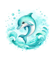 Cute cartoon dolphin isolated on white background. Watercolor illustration