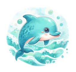 Foto auf Alu-Dibond Cute cartoon dolphin isolated on white background. Watercolor illustration © Yuliia