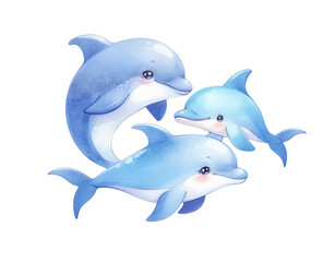 Cute cartoon dolphins isolated on white background. Watercolor illustration