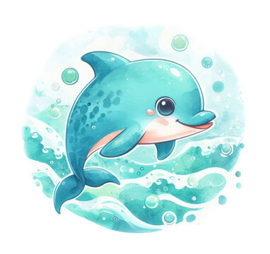 Cute cartoon dolphin isolated on white background. Watercolor illustration