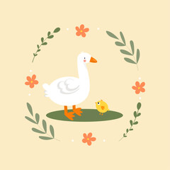 Spring kids card with duck, goose, chick, flowers. Vector illustration, flat, cartoon style. 