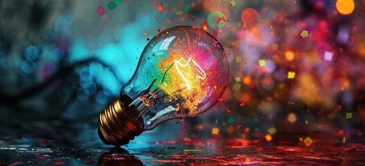 Abstract representation of a glowing light bulb with dynamic and vibrant splashes of color. - obrazy, fototapety, plakaty