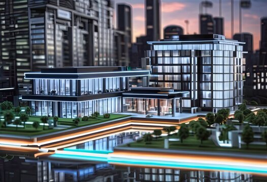 concept 3d render miniature model maquette of small skyscraper building on table in real estate agency. signing mortgage contract document demonstrating. futuristic business.