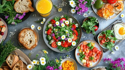 Contemporary Easter brunch setting emphasizing healthy eating, with organic vegetable dishes, freshly squeezed juices, whole grain breads, and a centerpiece of edible flowers and herbs