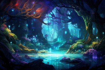 Enchanted Glowing Forest with Mystical Lake