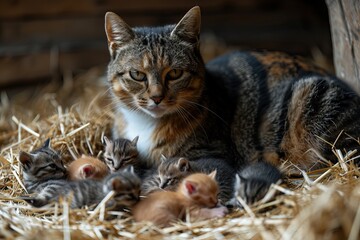 cat with her new born kitten in a barn