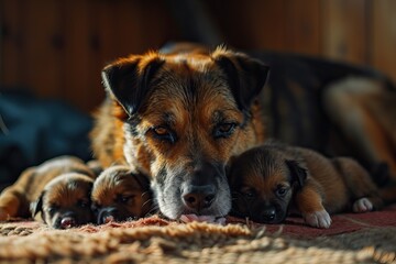 Dog feeding her newborn puppies