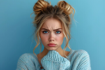 Photo of shocked impressed woman dressed sweater getting dislikes modern blue color background
 - obrazy, fototapety, plakaty