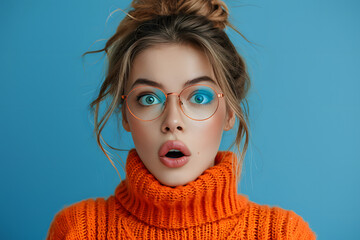 Photo of shocked impressed woman dressed orange sweater getting dislikes modern gadget isolated blue color background - obrazy, fototapety, plakaty