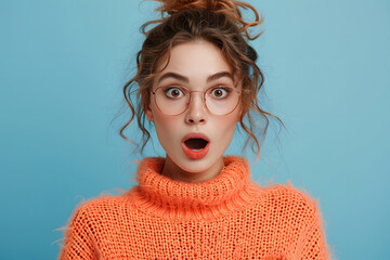 Photo of shocked impressed woman dressed orange sweater getting dislikes modern gadget isolated blue color background - obrazy, fototapety, plakaty