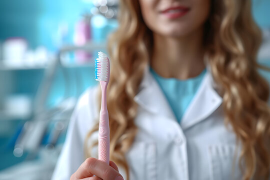 Young female dentist with toothbrush and tongue scraper on blue background