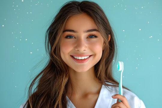 Young female dentist with toothbrush and tongue scraper on blue background
