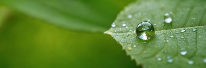 Large beautiful drops of transparent rain water on a green leaf macro. Drops of dew in the morning glow in the sun. Beautiful leaf texture in nature. Natural background