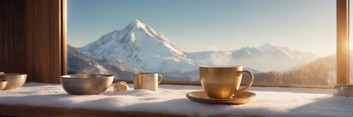 Rolgordijnen Coffee cup on wood table and view of beautiful nature background. © Алексей Ковалев