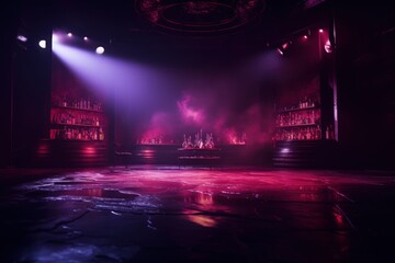 The dark stage shows, empty wine, burgundy, maroon background, neon light, spotlights, The asphalt floor and studio room with smoked94d3014-35db-4de5-930c-f100ab6d3bb4