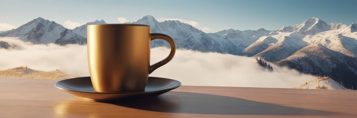 Coffee cup on wood table and view of beautiful nature background.
