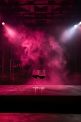 The dark stage shows, empty wine, burgundy, maroon background, neon light, spotlights, The asphalt floor and studio room with smoke