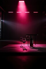 Fototapeta na wymiar The dark stage shows, empty wine, burgundy, maroon The dark stage shows, empty wine, burgundy, maroon background, neon light, spotlights, The asphalt floor and studio room with smoke