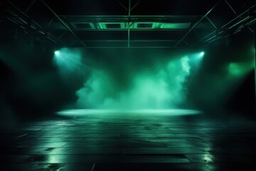 The dark stage shows, empty emerald, teal, lime background, neon light, spotlights, The asphalt floor and studio room with smoke