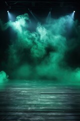 The dark stage shows, empty emerald, teal, lime background, neon light, spotlights, The asphalt floor and studio room with smoke