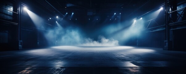 The dark stage shows, empty indigo, navy, midnight blue background, neon light, spotlights, The asphalt floor and studio room with smoke 