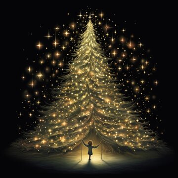 Cute baby standing under christmas tree lights decoration picture AI Generated Image