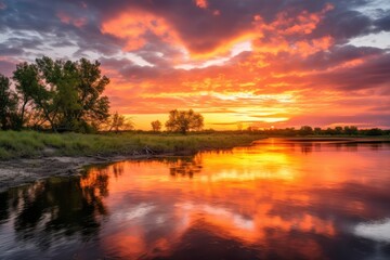 Majestic Sunset Over River with Vibrant Sky Reflection