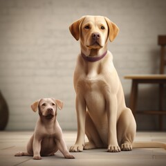 Cute adult Labrador dog with puppy sitting picture