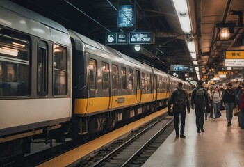 Blurred people on subway platform leaving the train - obrazy, fototapety, plakaty