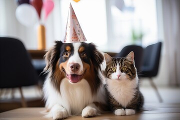 Happy cat and dog Wearing Party Hat for Festive Birthday Celebration with Copy Space