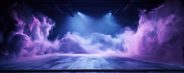 The dark stage shows, empty lavender, violet, periwinkle background, neon light, spotlights, The asphalt floor and studio room with smoke