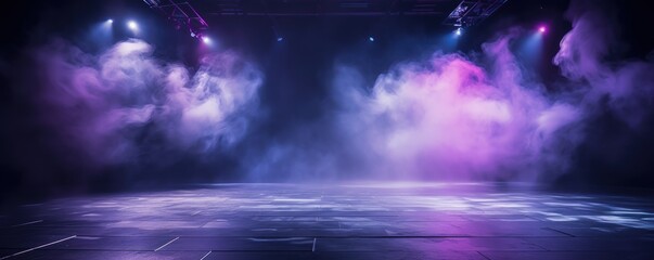 The dark stage shows, empty lavender, violet, periwinkle background, neon light, spotlights, The asphalt floor and studio room with smoke