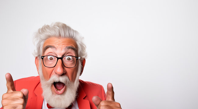 Homme senior étonné, doigt levé, avec barbe et lunettes, arrière-plan blanc, image avec espace pour texte