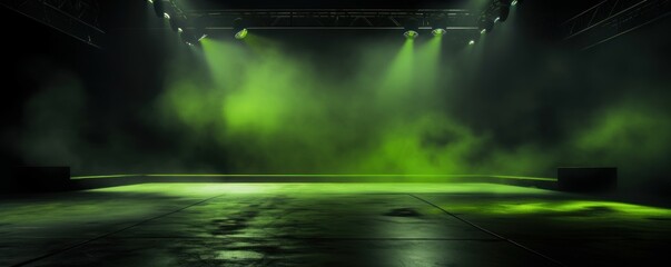 The dark stage shows, empty olive, lime, chartreuse background, neon light, spotlights, The asphalt floor and studio room with smoke