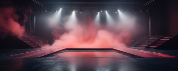 The dark stage shows, empty peachy, rose, blush background, neon light, spotlights, The asphalt floor and studio room with smoke