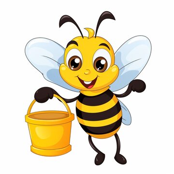 Cute cartoon bee holding honey bucket illustration AI Generated Image