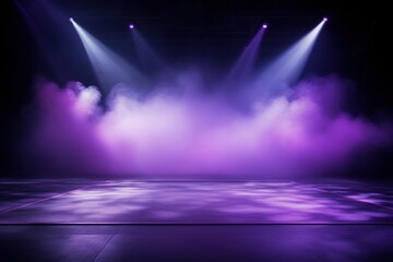 The dark stage shows, empty periwinkle, lavender, violet background, neon light, spotlights, The asphalt floor and studio room with smoke