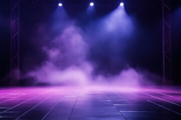 The dark stage shows, empty periwinkle, lavender, violet background, neon light, spotlights, The asphalt floor and studio room with smoke