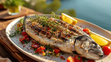 grilled sea bass, Mediterranean herbs in motion with a view of the sea in the background