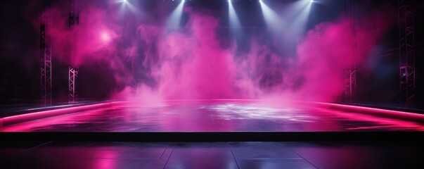 The dark stage shows, empty raspberry, hot pink, magenta background, neon light, spotlights, The asphalt floor and studio room with smoke