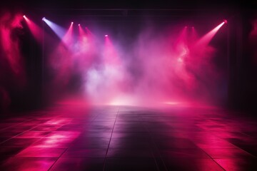 The dark stage shows, empty raspberry, hot pink, magenta background, neon light, spotlights, The asphalt floor and studio room with smoke - obrazy, fototapety, plakaty