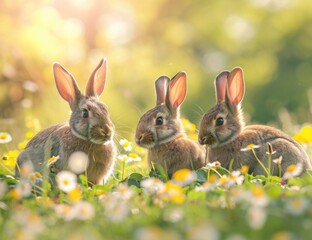 Fototapeta na wymiar Intimate Portrait of Three Young Rabbits in a Sunlit Meadow