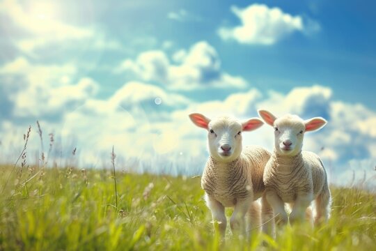 Pair of Lambs Enjoying Sunshine on a Bright Cloudy Day
