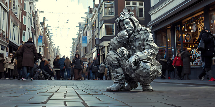 Uma imagem encantadora capturando um artista de rua vestido como uma estátua viva, congelado em uma pose cativante. A cena destaca a natureza teatral e interativa da arte de rua.