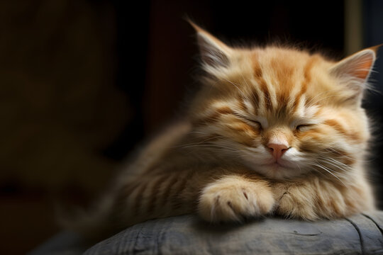 Cute little ginger kitten sleeping peacefully, photo of a cute sleeping kitten