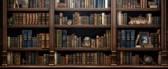 A wooden bookcase filled with books in a home setting, library shelves with books